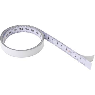 A white tape measure that is rolled up, with centimetre and millimetre markings. It extends up to 195 cm.
