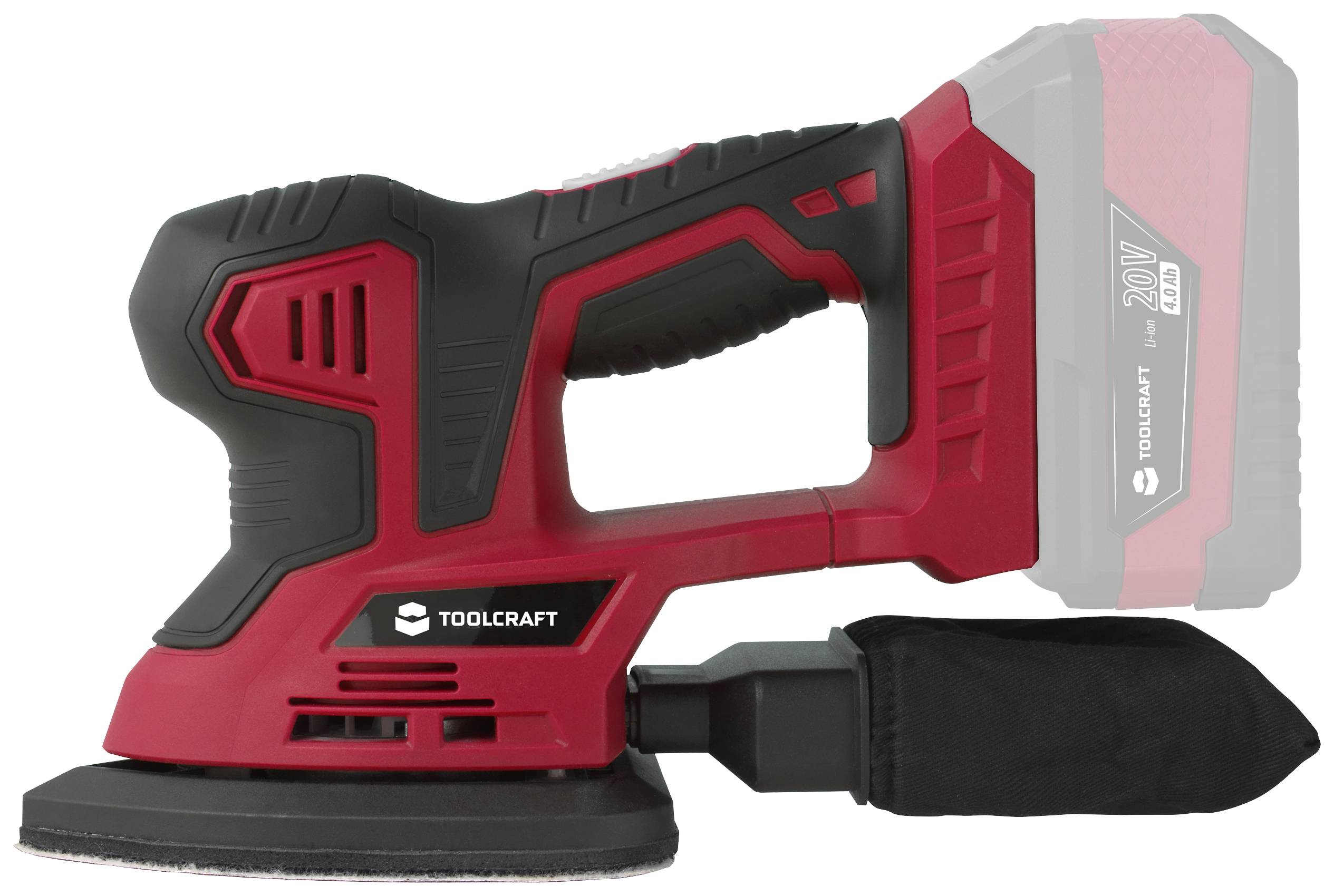 A cordless 20V electric sander by Toolcraft, red-black, with an ergonomic handle and removable dust bag; battery not included.