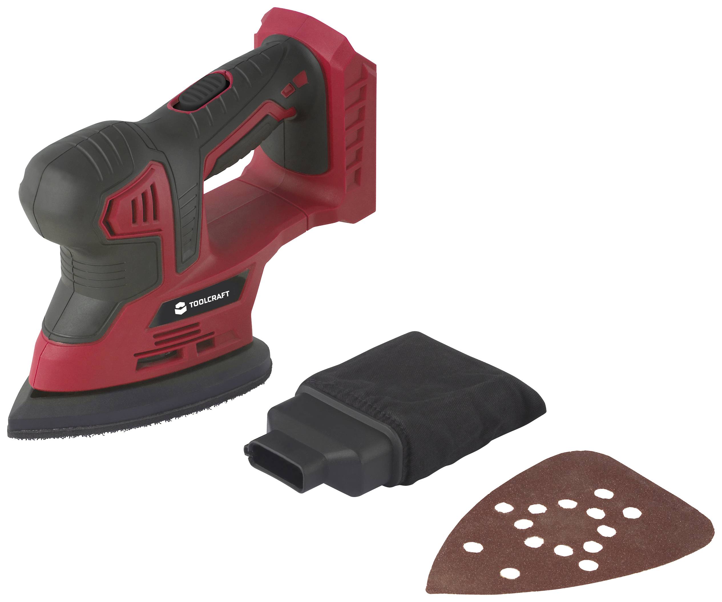 A red and black orbital sander with dust bag and sandpaper, suitable for woodworking.