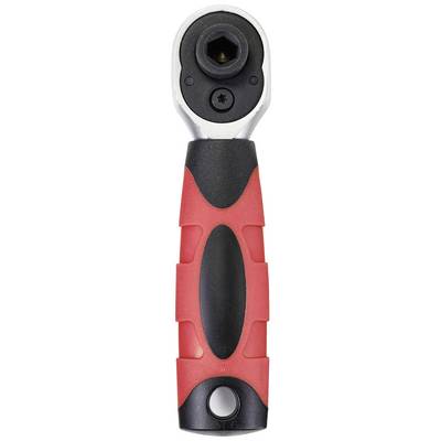 A red and black ratchet tool with an ergonomic handle, used for tightening screws and nuts.