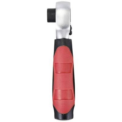 Ratchet spanner with a red handle, positioned vertically. Metal head pointing upwards, providing grip and leverage for screw-related tasks.