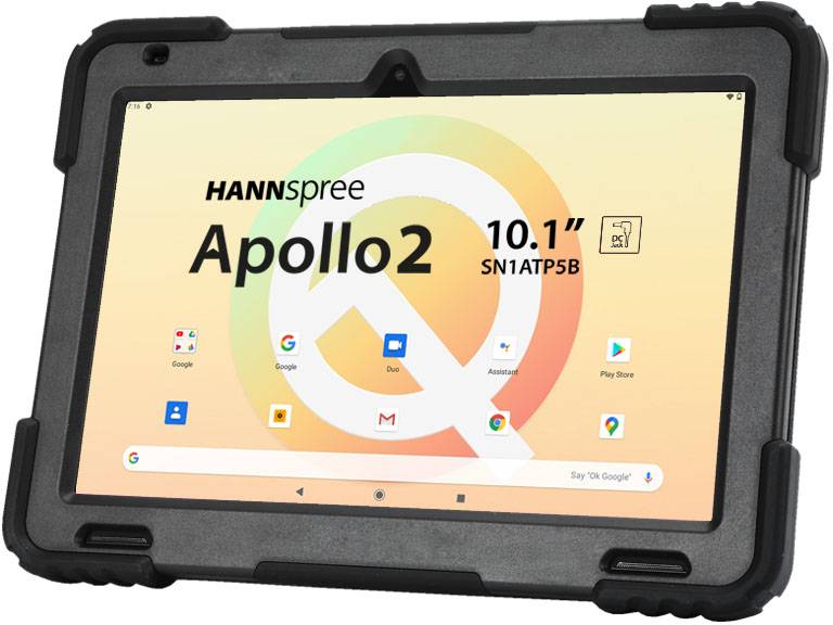Tablet 'HANNspree Apollo 2', 10.1 inches, black casing, home screen with app icons visible.
