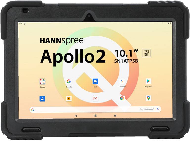 Tablet with a black protective case. Display shows 'HANNspree Apollo2 10.1" SN1ATP5B', with various app icons underneath.