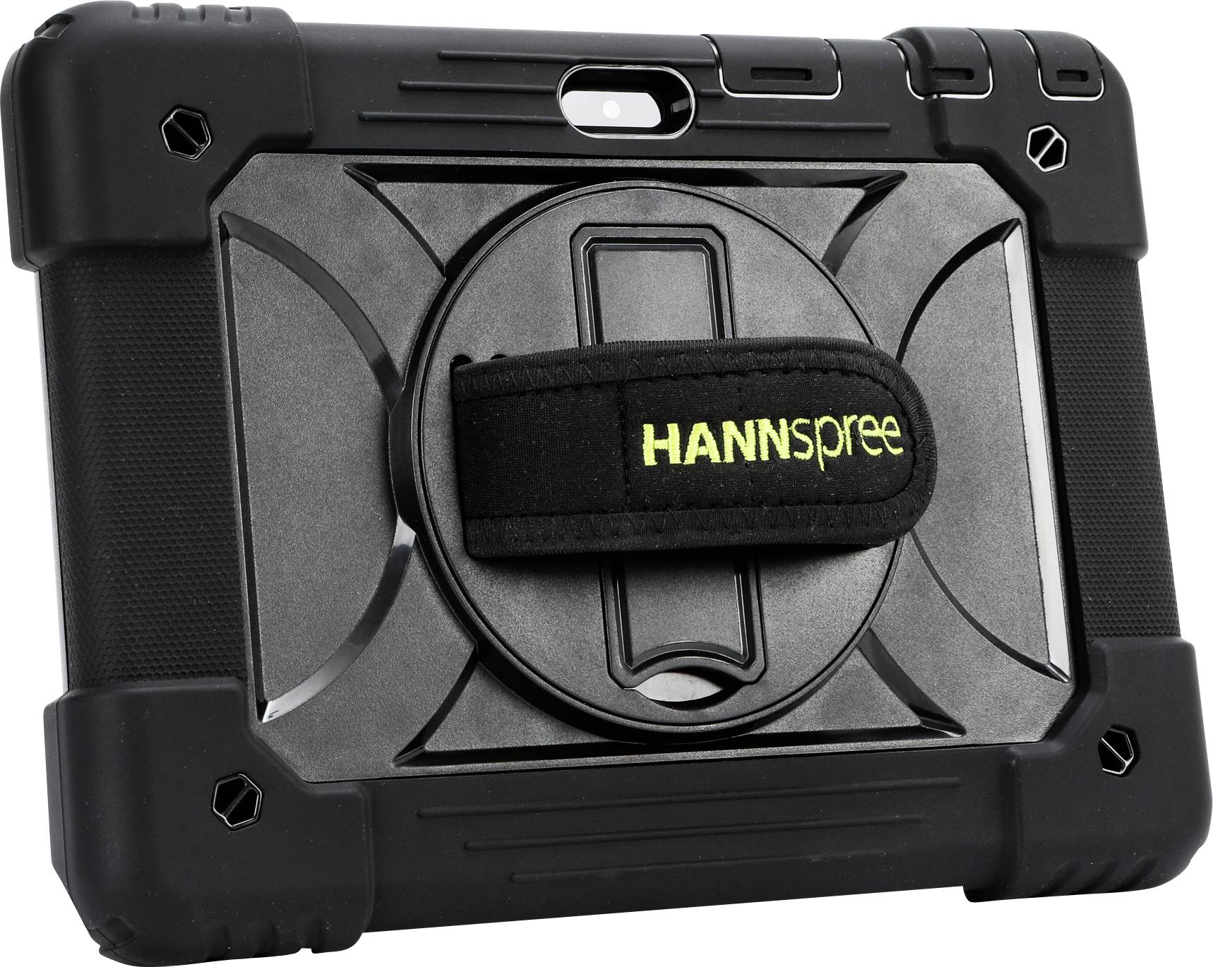 Robust black tablet in a protective case with a carry handle on the back.