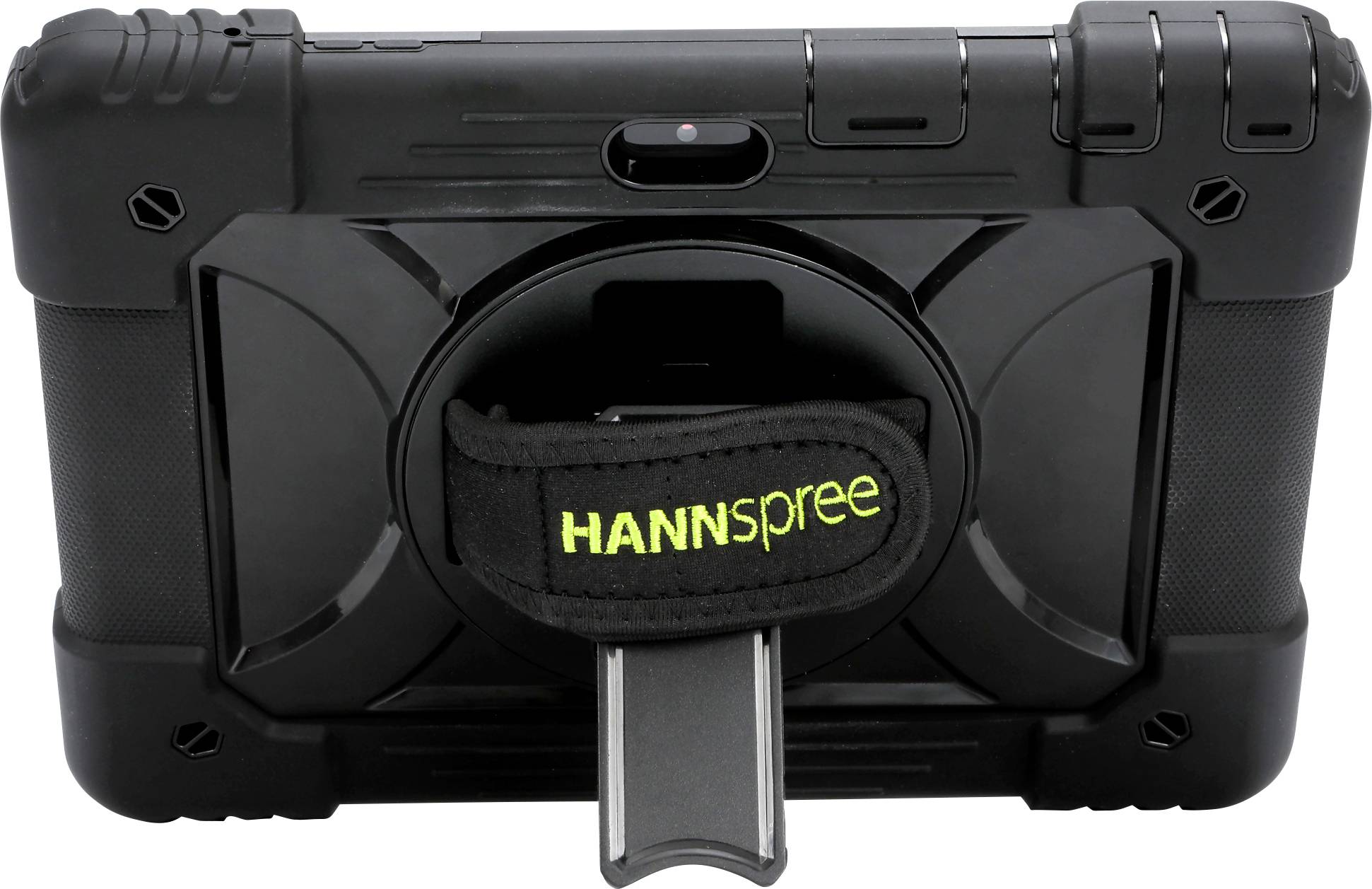 A robust black tablet viewed from behind, with a handle and adjustable stand, the brand name 'Hannspree' in green on the holding loop.