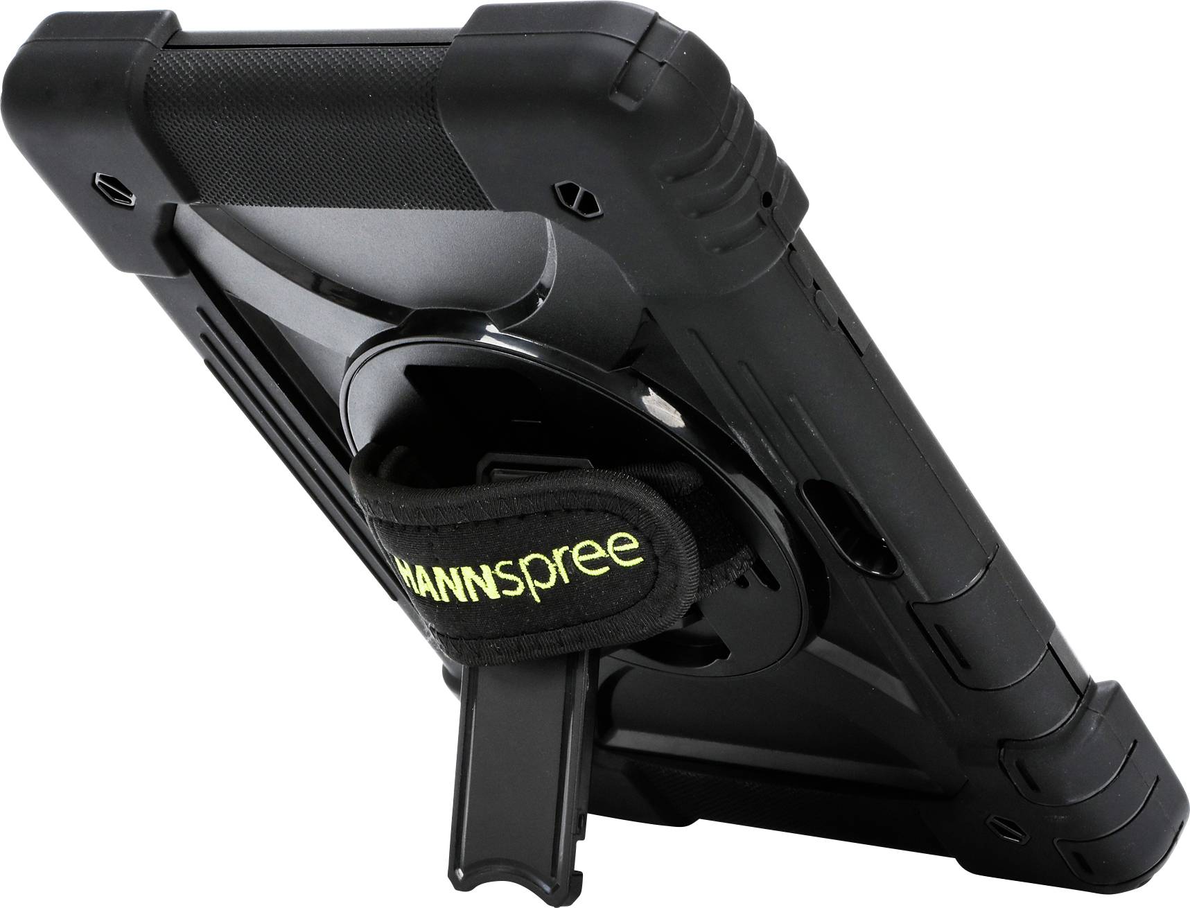 Rear view of a tablet with a black protective case and integrated stand. A strap with the inscription 'HANNspree'.