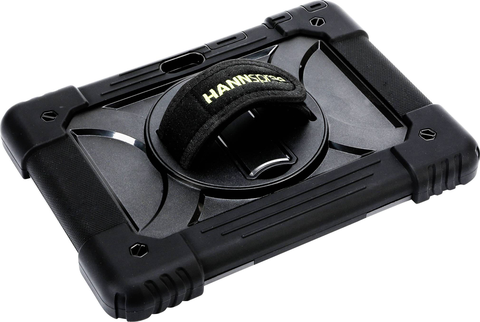 A robust tablet with a black casing and a carrying strap on the back, ideal for use in demanding environments.