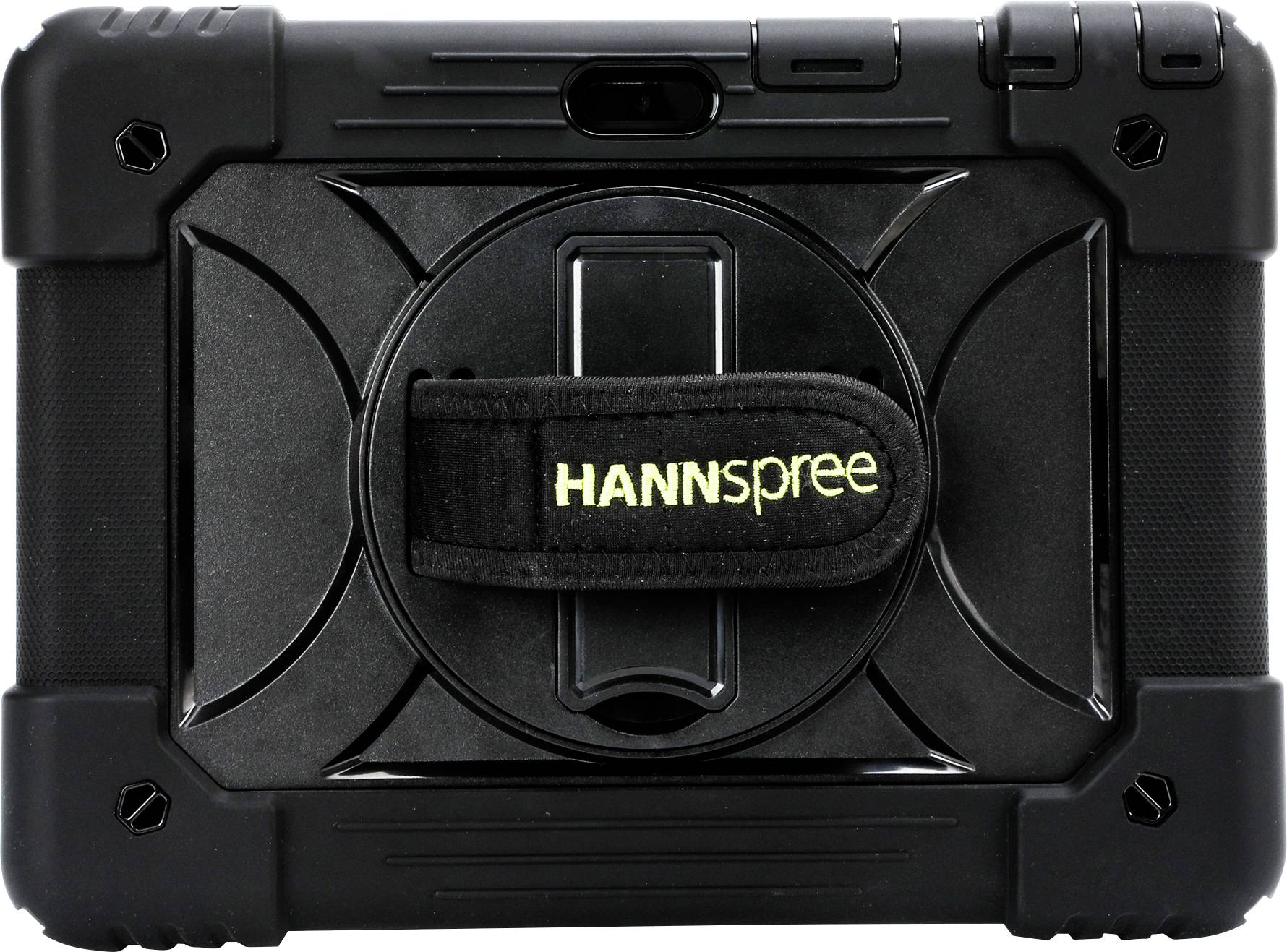 Portable, robust tablet case featuring the 'HANNspree' logo, equipped with a handle for easy transport.