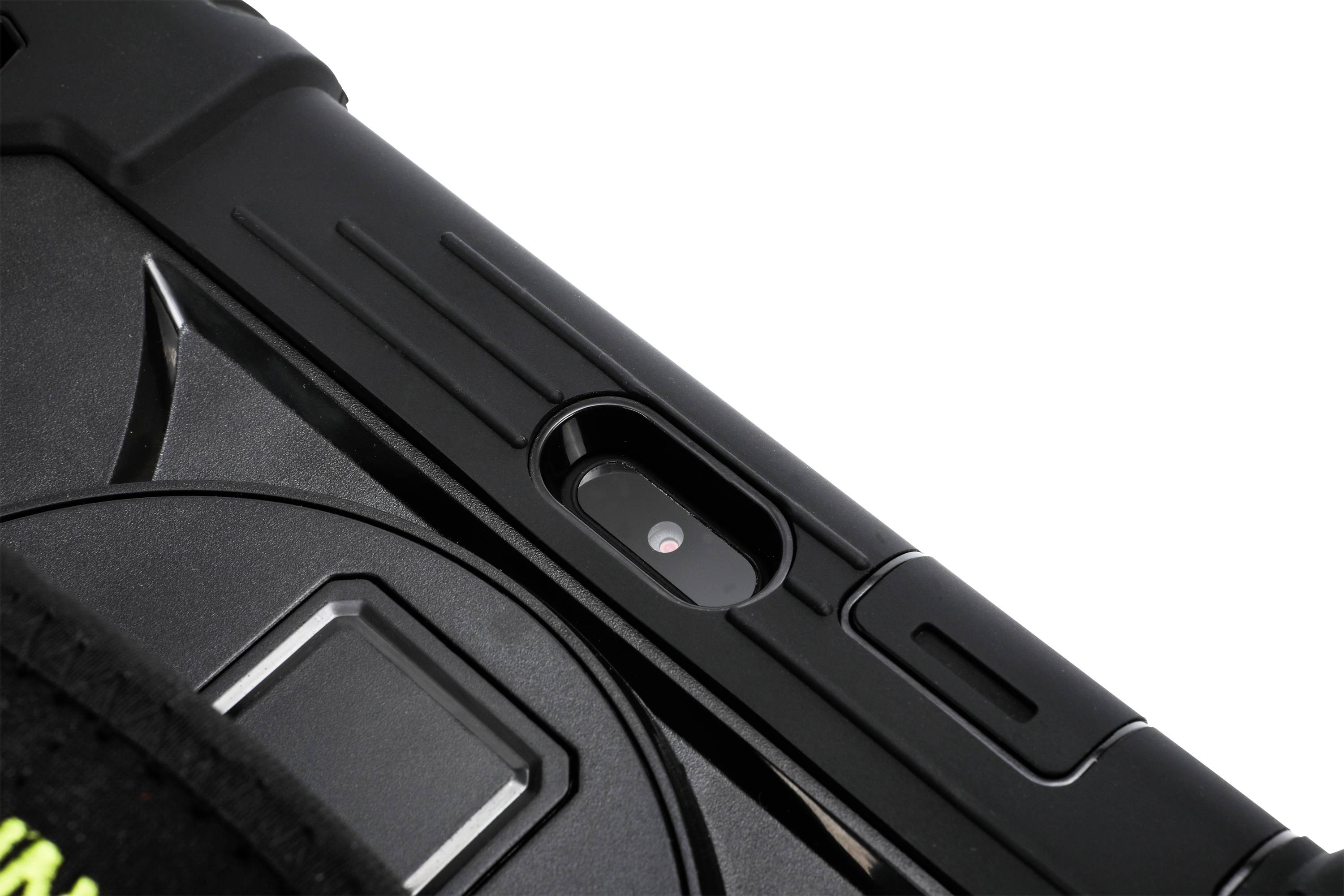 Close-up of a black protective case with camera aperture and textured design.