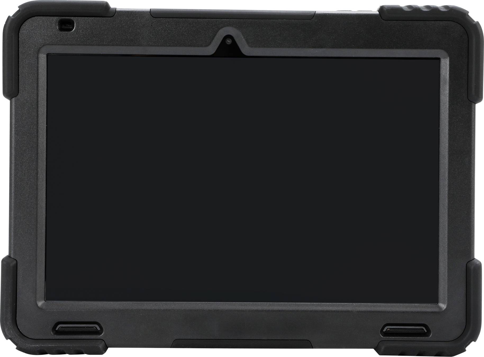 A robust tablet with a black protective case and a large display. Clearly designed for outdoor use.