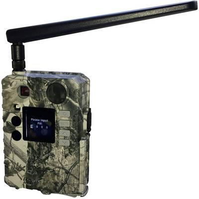 A camouflaged camera with a large antenna and a small screen displaying 'Please input PW: E000'.