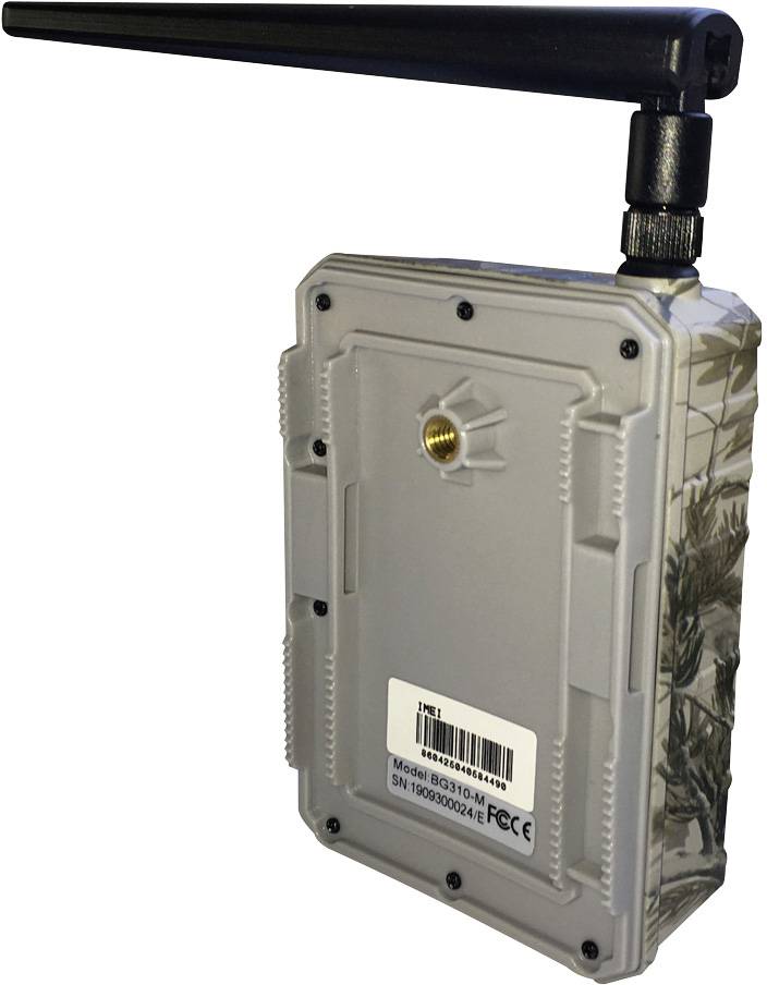A wireless sensor box with an antenna, weatherproof plastic casing and serial number label.