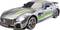 Silver toy sports car with green stripes, visible radiator grille and wheel details, positioned on a smooth surface.
