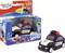 Plush police toy car with pull-back motor, suitable for children aged 3 and over. Packaging displays the car and its function.