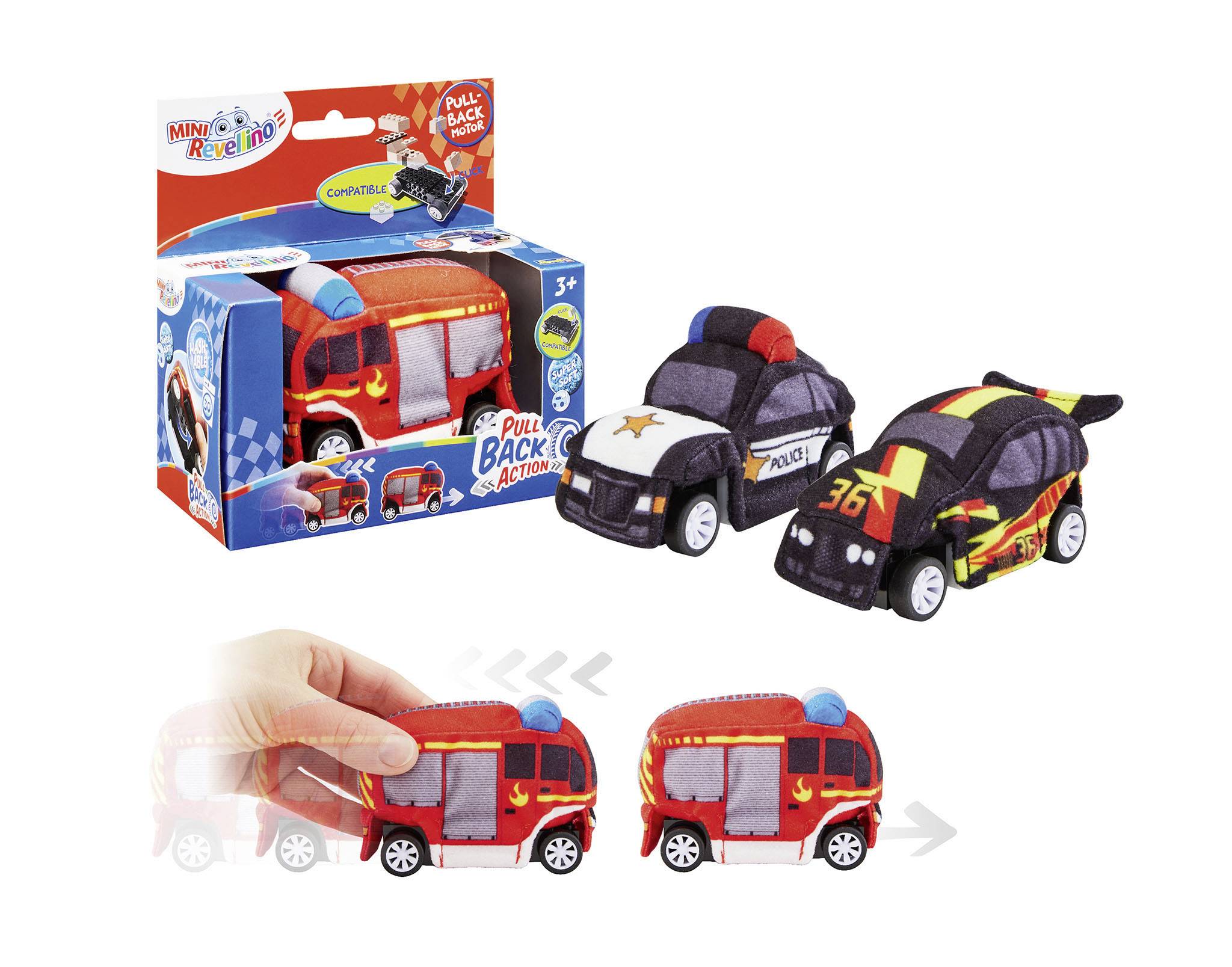 Three toy cars with pullback motors, including police and fire service vehicles. A hand demonstrates how the pullback mechanism works. Packaging visible in the top left of the image.