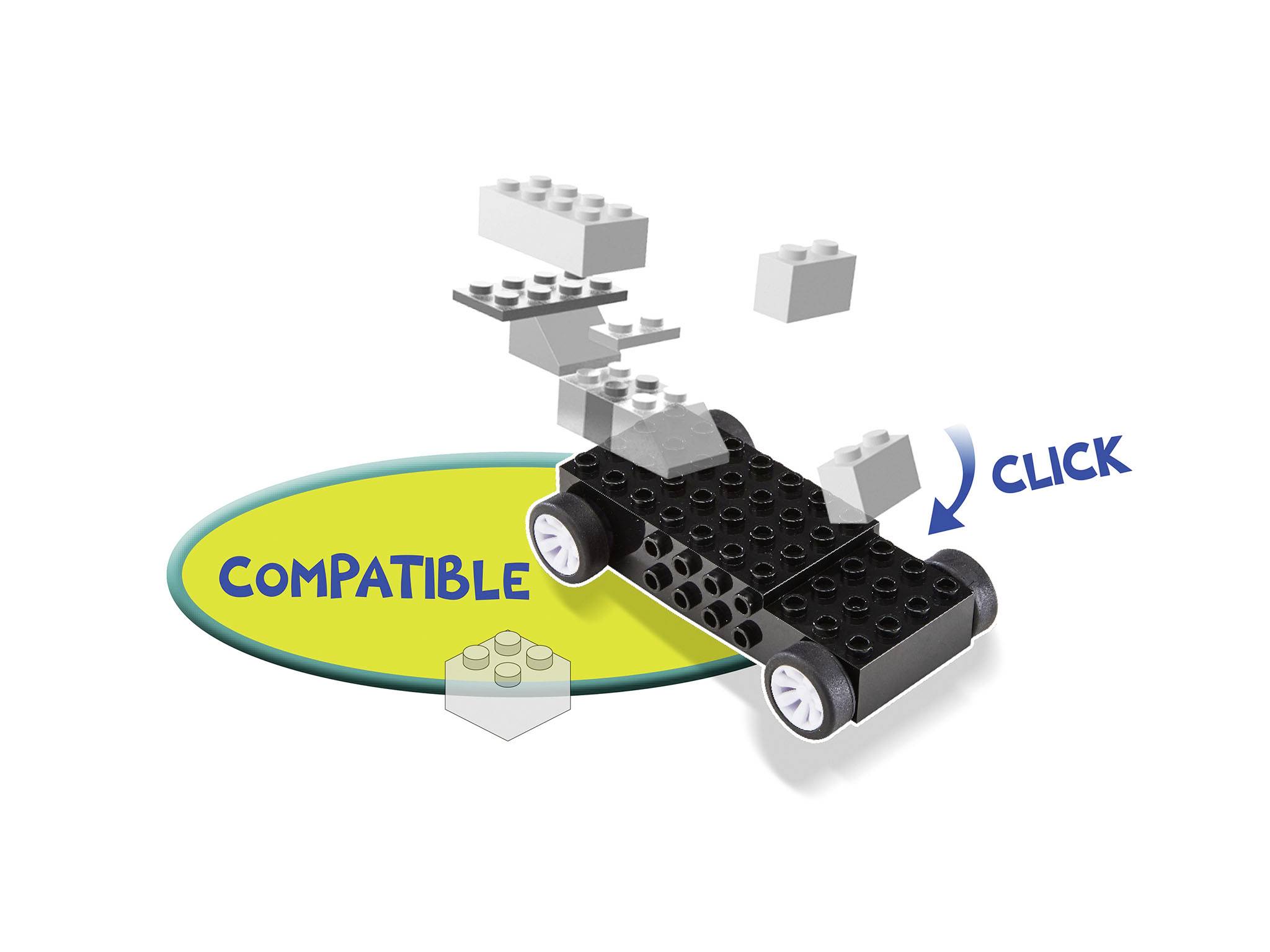 'Compatible' on an oval background; above, a block construction shows the process of assembly with an arrow and the word 'Click'.