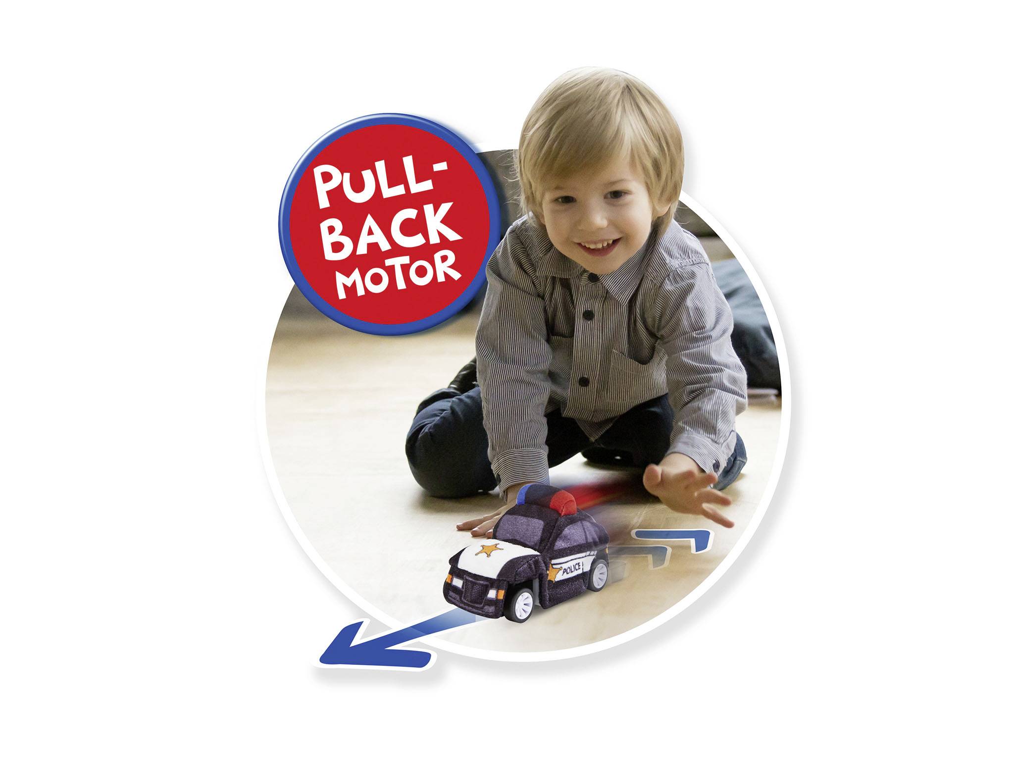 A child is playing on the floor with a police car toy with a pull-back motor. Top left, 'Pull-Back Motor' is written in a red circle.