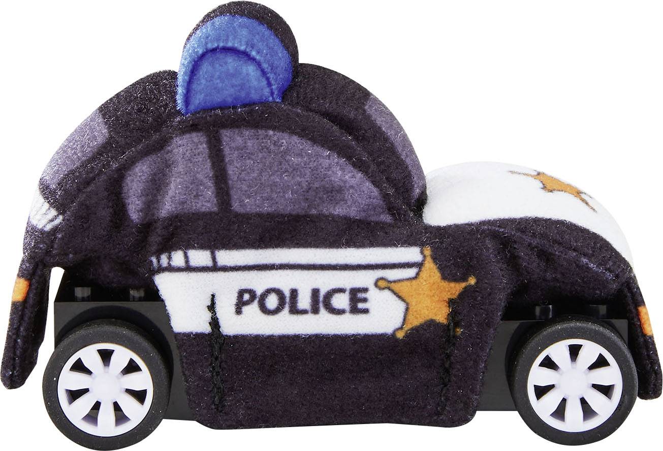 Fabric toy in the shape of a police car with a star symbol and 'POLICE' inscription, black and white design, blue light attachment.