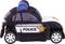 Fabric toy in the shape of a police car with a star symbol and 'POLICE' inscription, black and white design, blue light attachment.