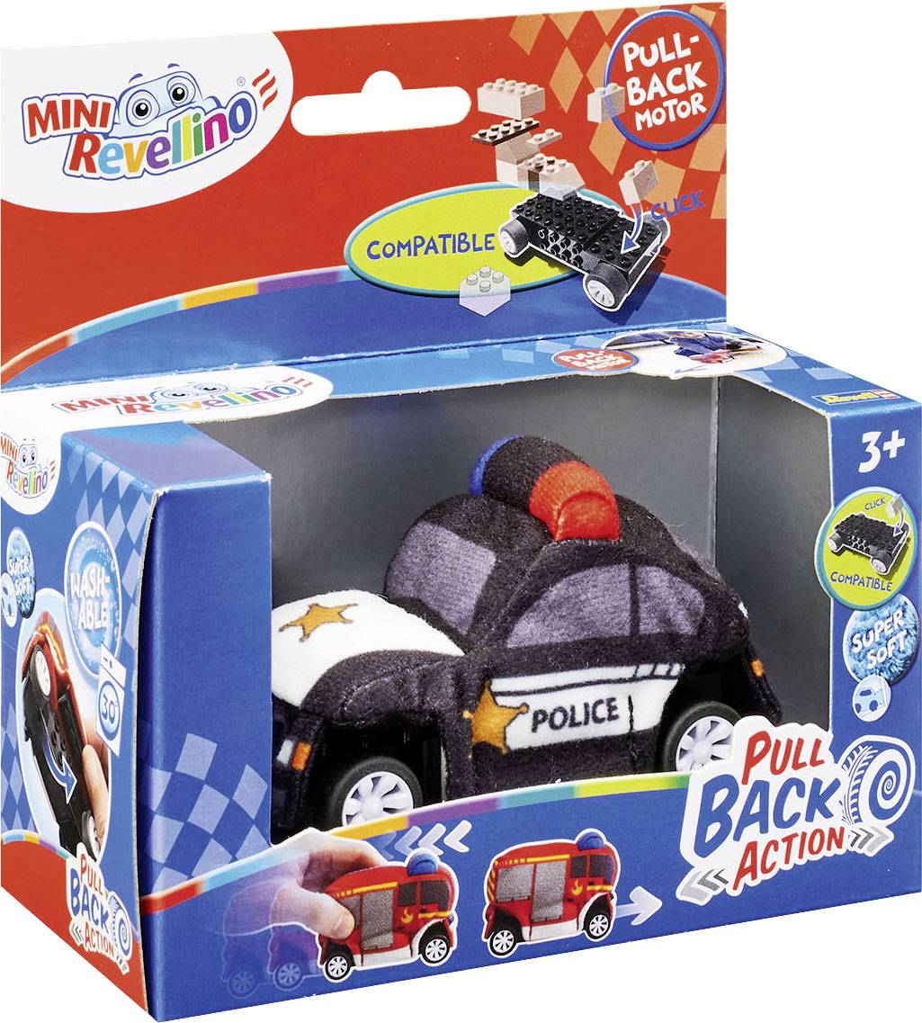 Toy police car in a colourful packaging. Pictured are the 'Mini Revelino' logo, pull-back motor, and block building compatibility.