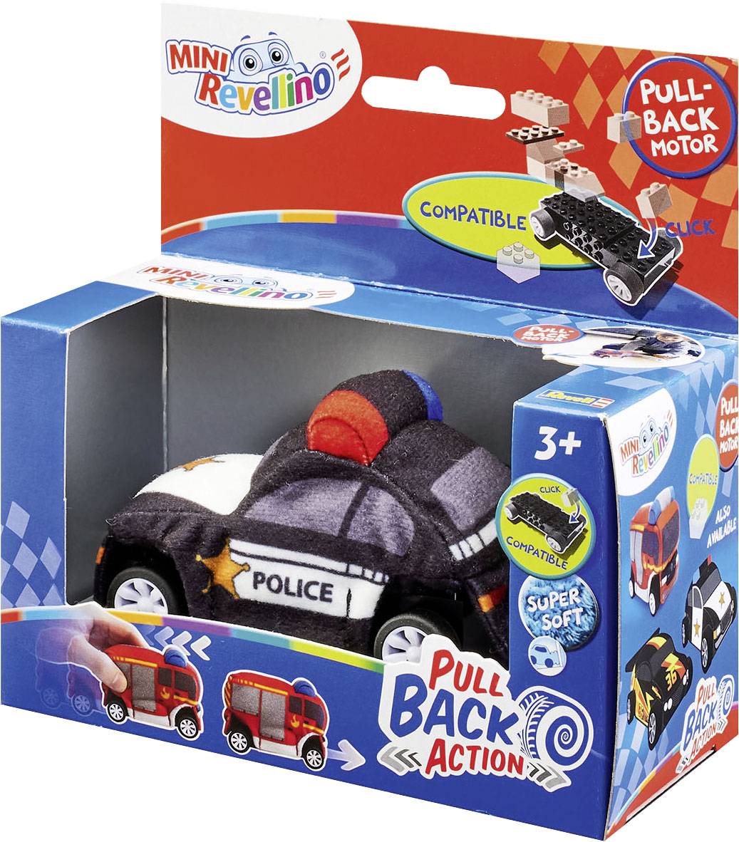 A toy police car with a pull-back motor for children aged 3 and over. Packaging displays 'Pull Back Action' and 'Super Soft'.