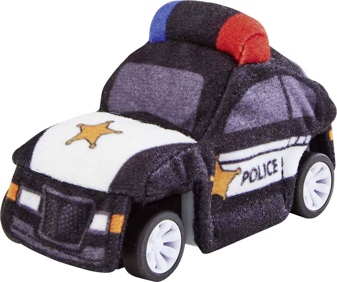 Toy police car in the form of a police vehicle, black and white with golden stars and the inscription 'POLICE', red and blue sirens on the roof.