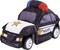 Toy police car in the form of a police vehicle, black and white with golden stars and the inscription 'POLICE', red and blue sirens on the roof.