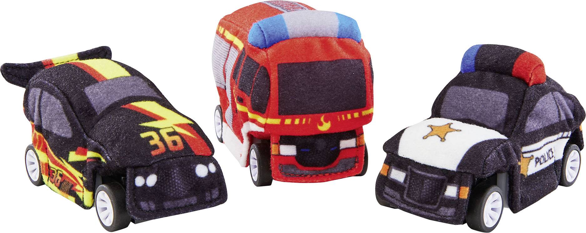 Three plush toy cars: black with yellow '36', red with blue stripes, and black and white with 'POLICE' written on it and a badge.