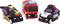 Three plush toy cars: black with yellow '36', red with blue stripes, and black and white with 'POLICE' written on it and a badge.