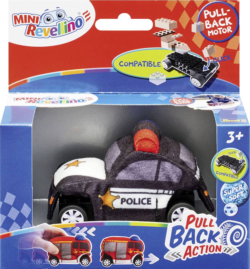 Toy Police Car with Pull-Back Motor in Colourful Packaging. Suitable for Children Aged 3 and Over. Compatible with Building Block Systems.