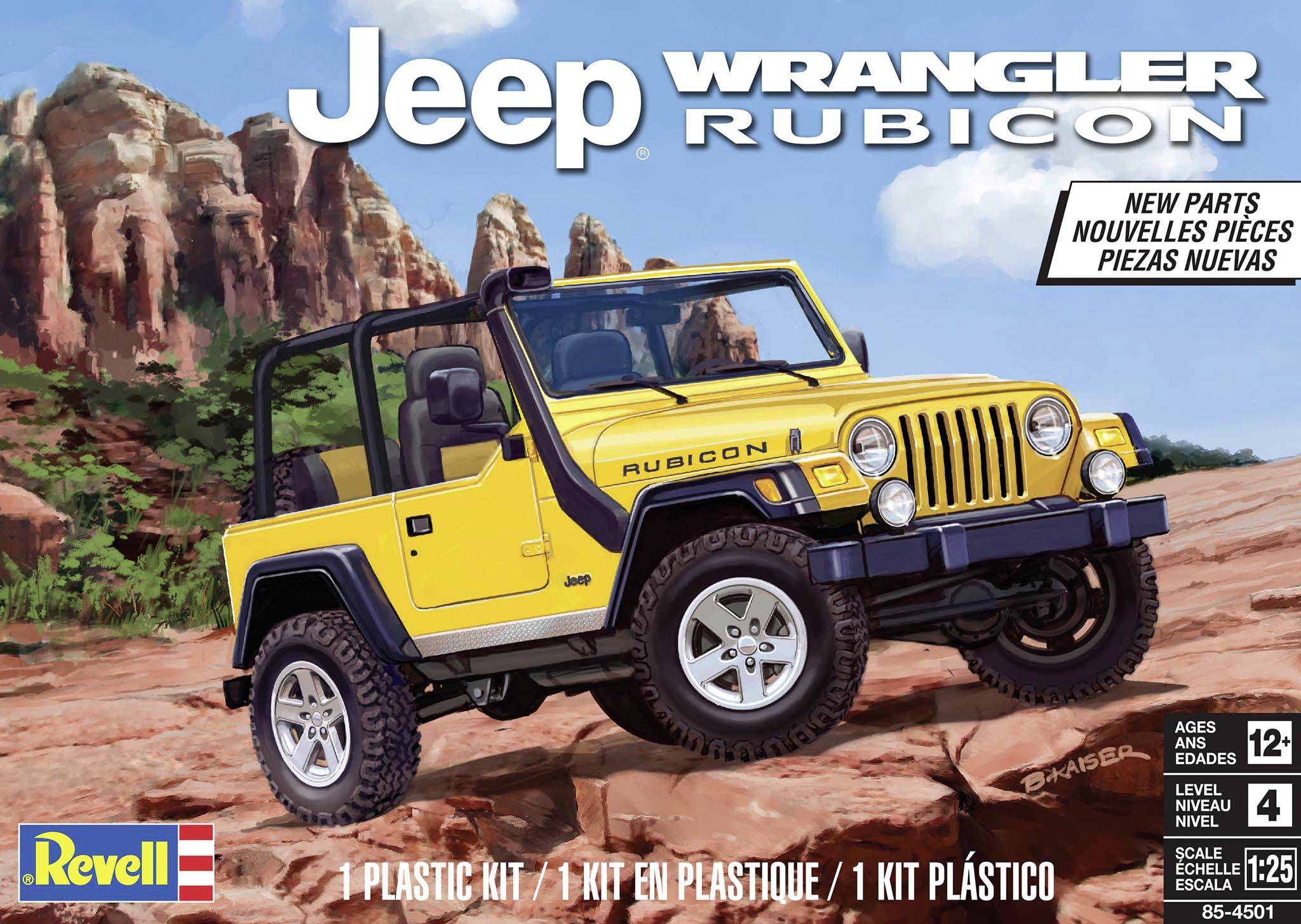 Yellow Jeep Wrangler Rubicon model car depicted on a rocky landscape, shown on packaging with age rating 12+.
