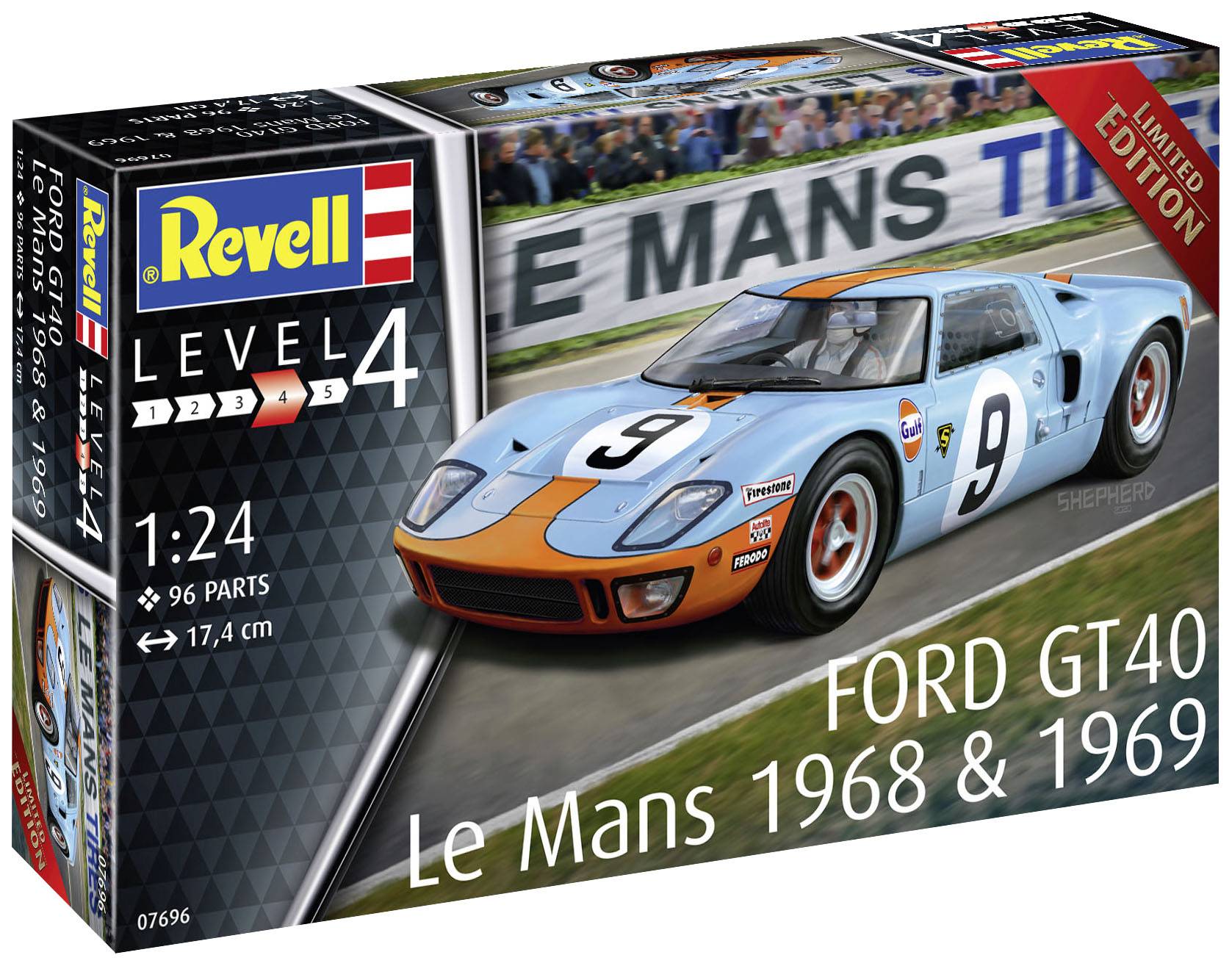 Kit of a Ford GT40 'Le Mans 1968 & 1969' by Revell, Level 4, in 1:24 scale. Contains 96 parts, limited edition.