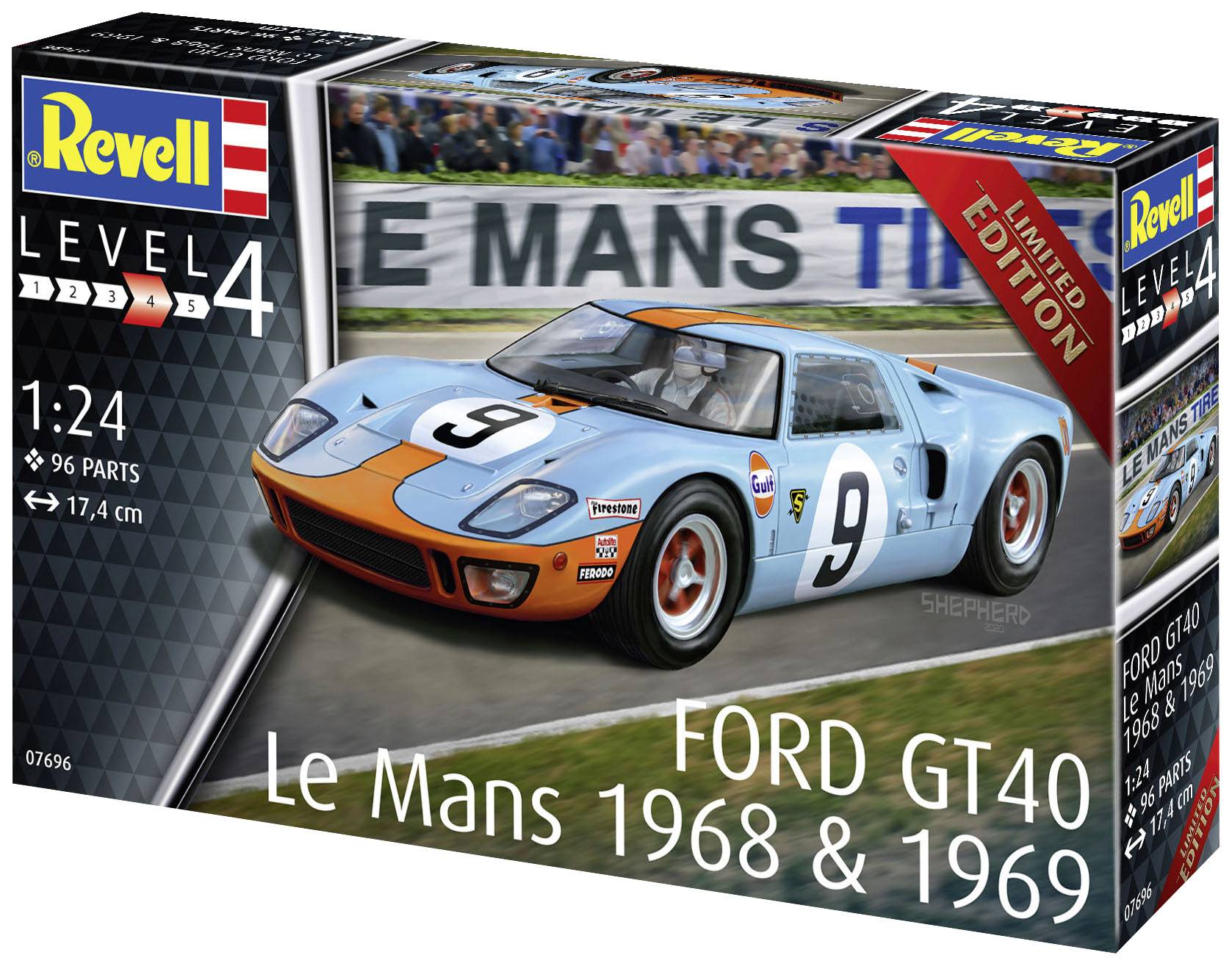 'Revell model kit: Ford GT40 in Blue and Orange, Le Mans 1968 & 1969, Scale 1:24. The car in action is shown on the packaging.'