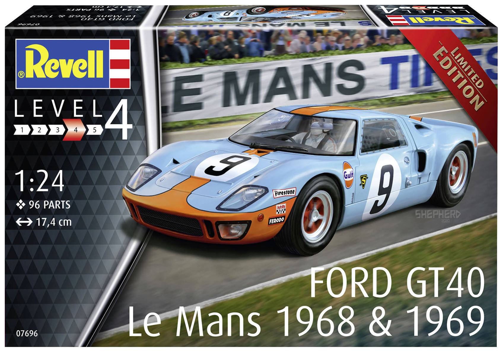 Model kit of a Ford GT40 in 1:24 scale. Representation of the car during the Le Mans races of 1968 and 1969.