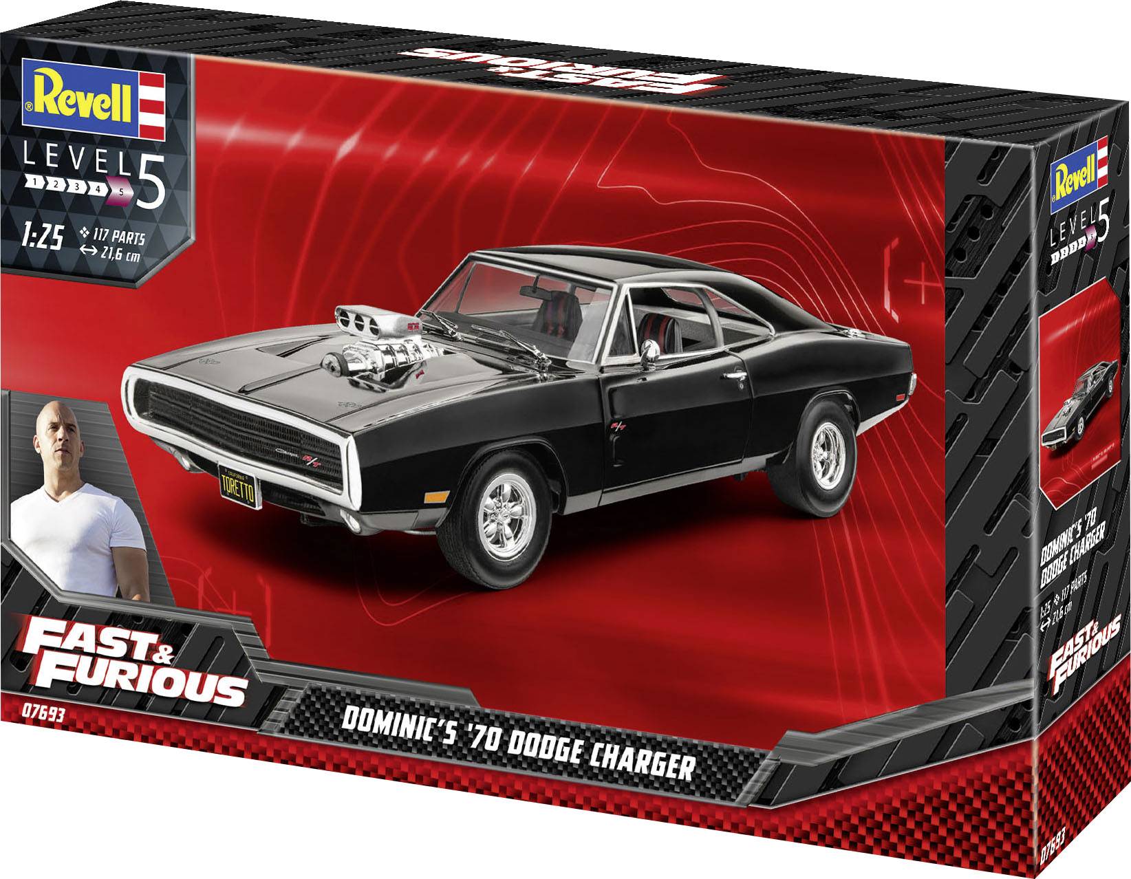 Revell model kit for a '70 Dodge Charger from the 'Fast & Furious' series, scale 1:25, difficulty level 5.