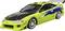 A bright green sports car with striking blue and black graphics. It has a high spoiler and gleaming alloy wheels.