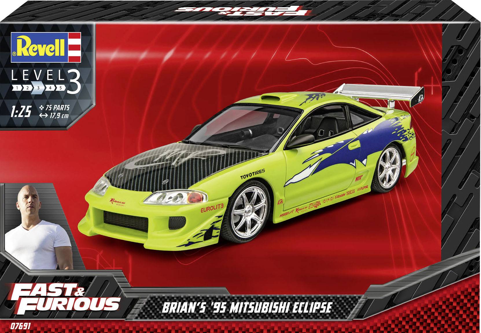 Model kit of a green Mitsubishi Eclipse from 'Fast & Furious'. Scale 1:25, Difficulty Level 3, 95 parts.