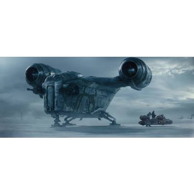 A futuristic spacecraft lands on a misty planet, with figures standing beside a small vehicle.