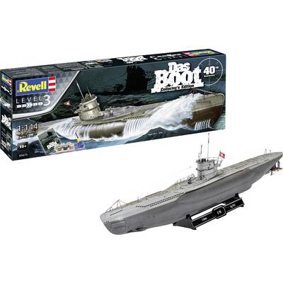 Revell model kit of a German Type VII C submarine in 1:144 scale, inspired by the film 'Das Boot', recommended for ages 10 and up.
