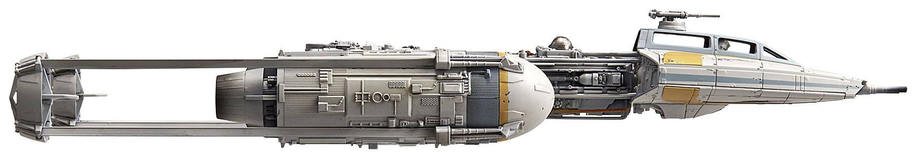 A futuristic spacecraft with a long hull and two large engines on its sides, against a white background.