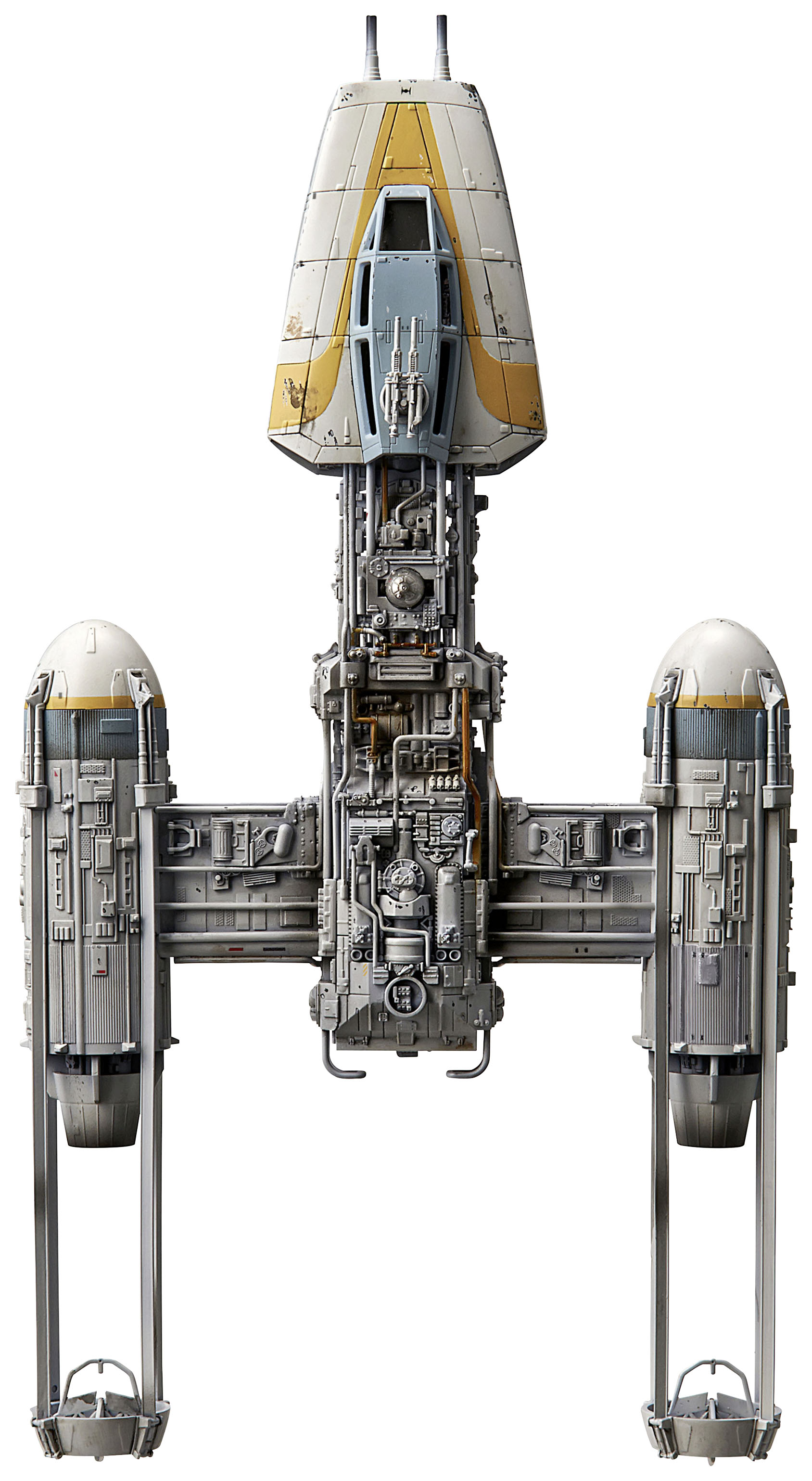 A detailed model of a spacecraft with two long vertical wings and a central fuselage. Design details are visible.