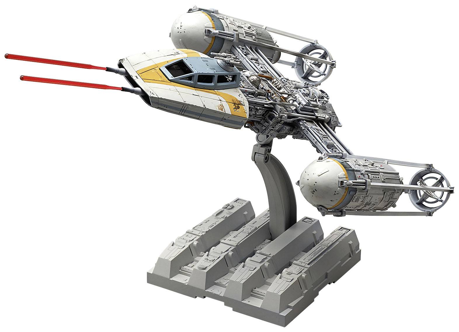 A model spacecraft with two red laser cannons, mounted on a grey stand; futuristic design, rich in detail.