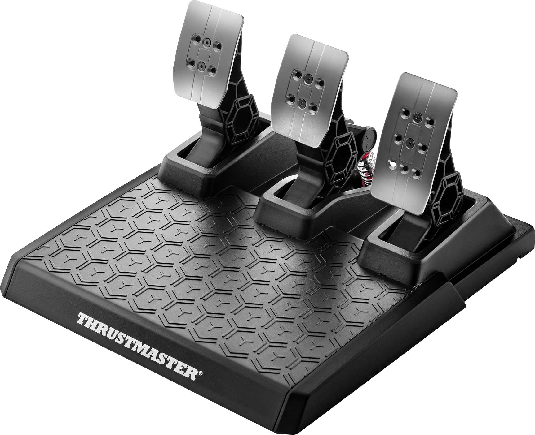 Three pedals for racing simulations on a structured base. Left clutch, centre brake, right accelerator. Brand name 'Thrustmaster'.