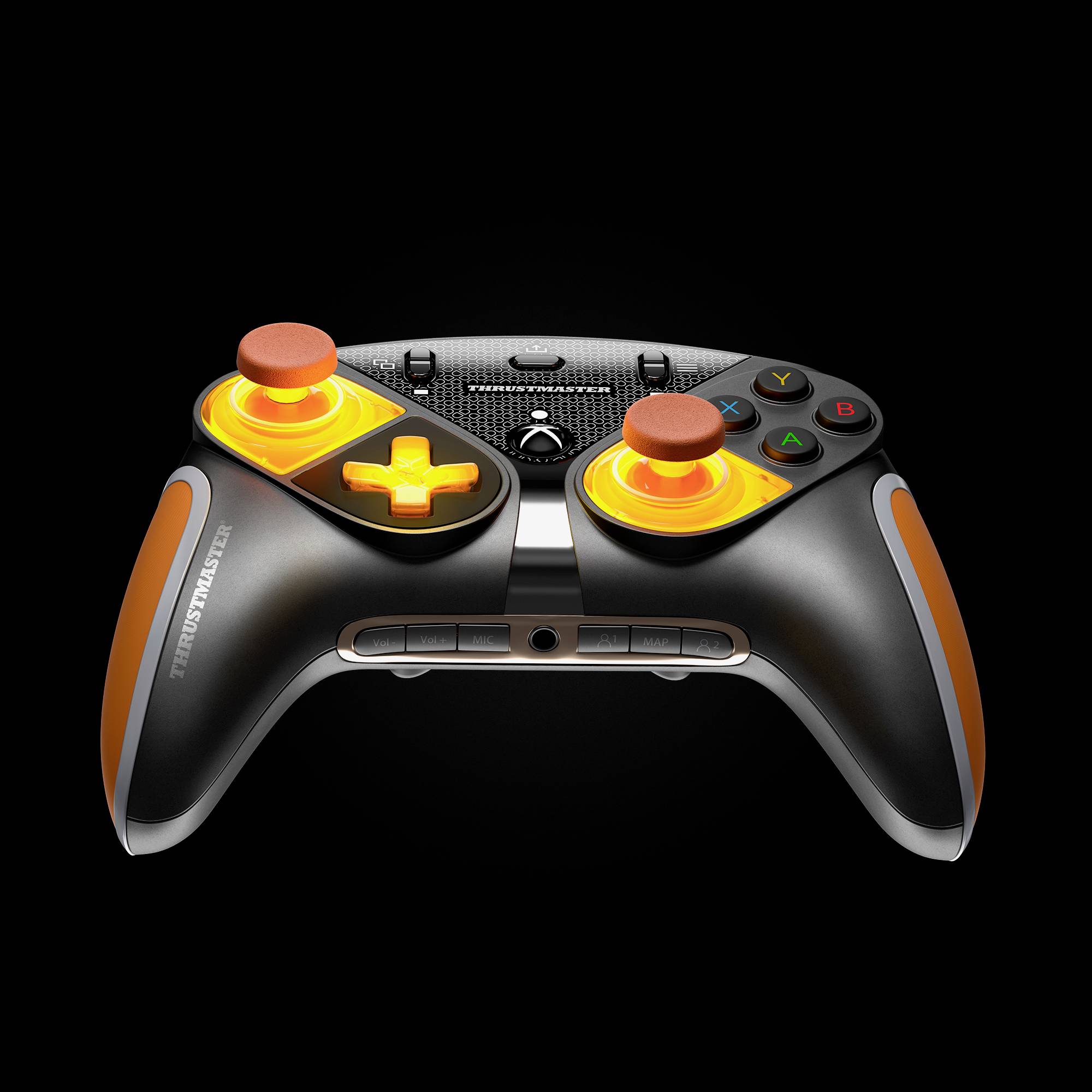 Black and orange games controller with illuminated buttons and joysticks, against a black background.