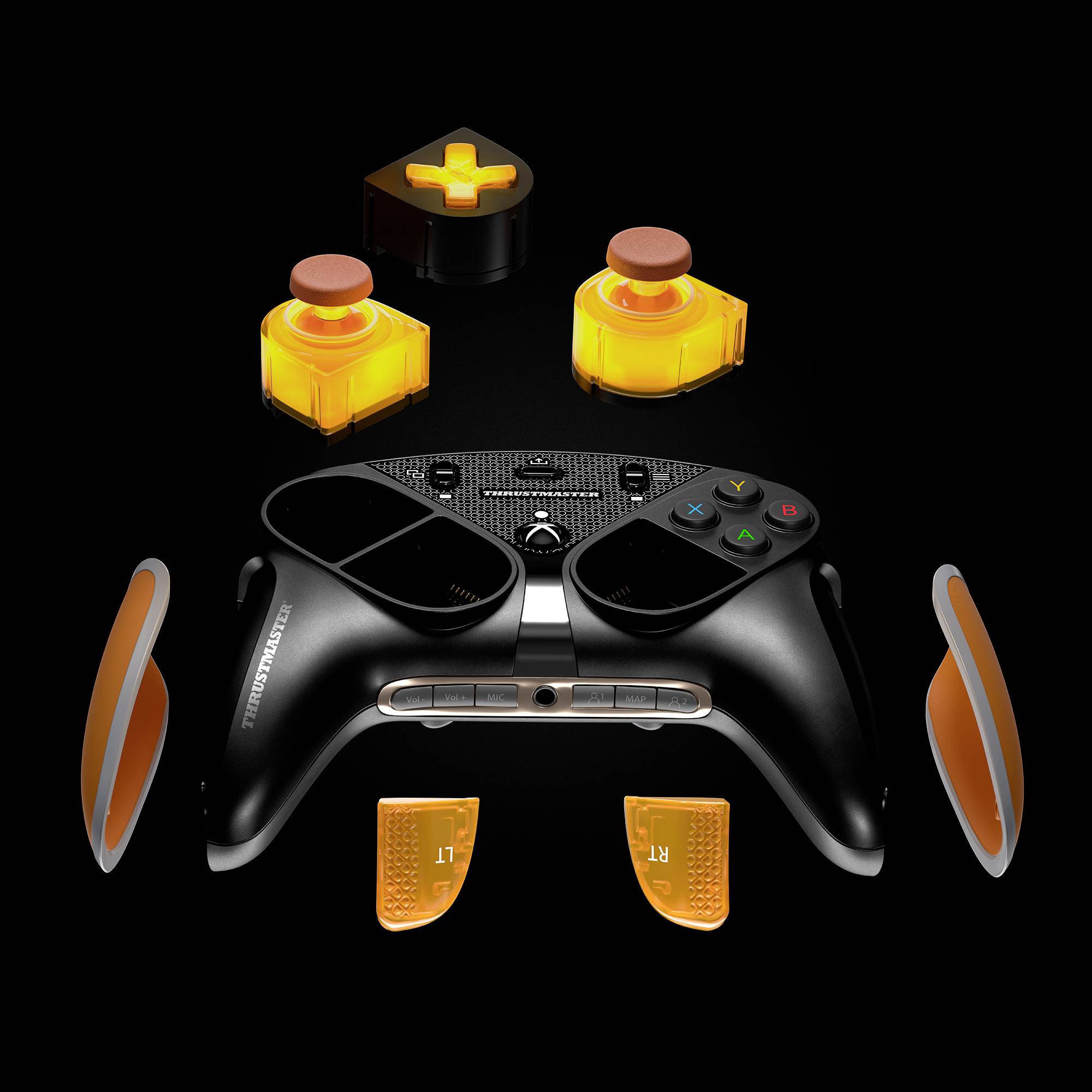Game controller and components in black and orange on a black background. Buttons at the top, levers at the bottom, with the controller in the centre.