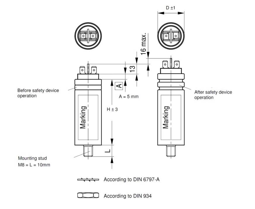 Technical drawing of a safety device with dimensions, markings, and mounting instructions in accordance with DIN 6797-A and DIN 934.