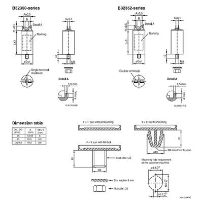 Technical drawing of two series capacitors (B32350, B32352) with dimensional tables, details of connections, markings, and mounting.