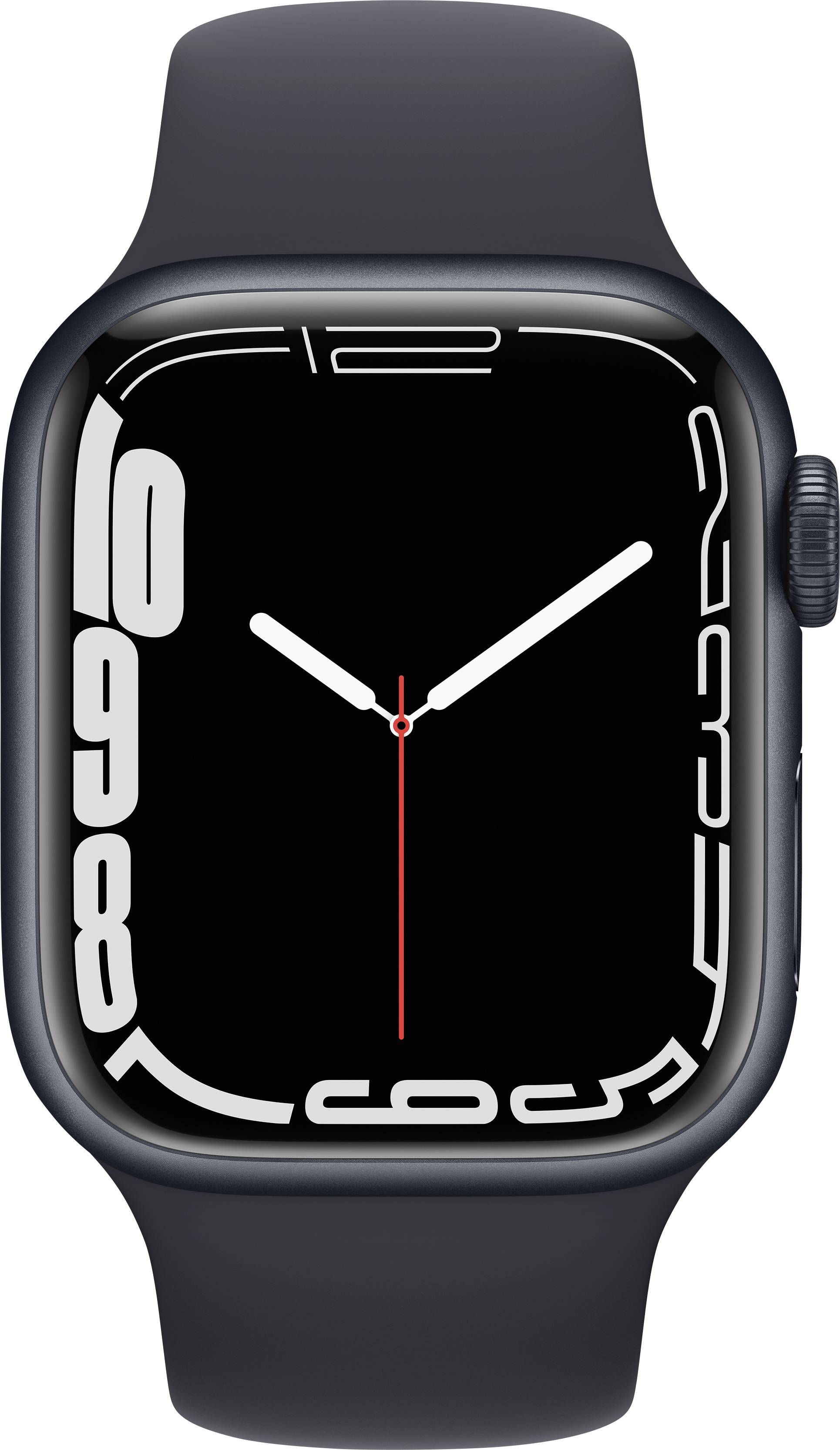 A digital wristwatch with a black case and dial, displaying an analogue time with red second, white hour, and minute hands.