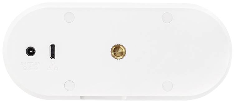 Back of a white device with power and USB-C ports, along with a central brass mounting screw.