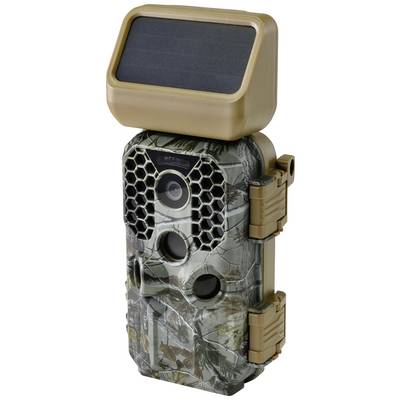 Wildlife camera with solar panel on top, camouflage surface, multiple lenses and sensors. Suitable for animal observation and surveillance.